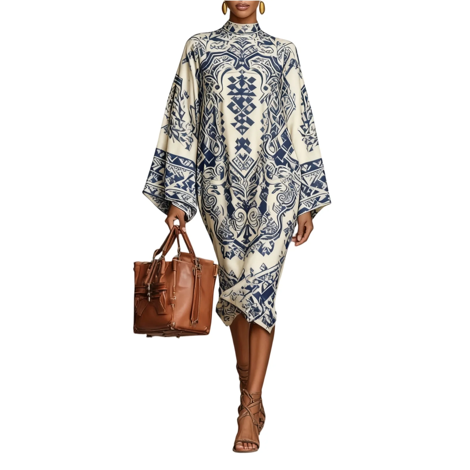 เดรสยาวทรงหลวมสำหรับฤดูใบไม้ผลิและฤดูร้อน แขนยาว พิมพ์ลาย คอกลม สไตล์โบฮีเมียน เหมาะสำหรับงานปาร์ตี้ริมชายหาด แฟชั่นเดรสยาวสำหรับผู้หญิง