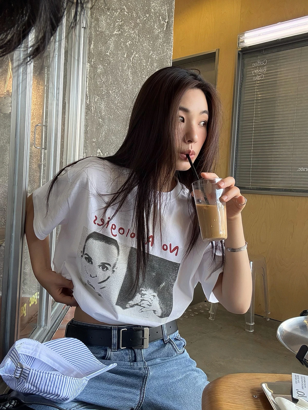 Sakura Cool Girl White Short Sleeve T-Shirt Retro American Print Loose Versatile Top Breathable Cotton round Neck Summer Fashion
