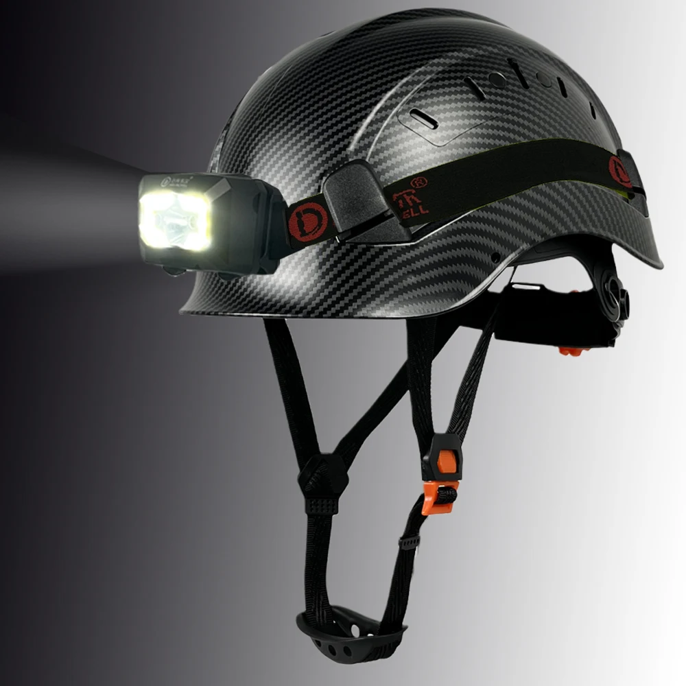 

Carbon Fiber Pattern Safety Helmet With Led Light CE ABS HardHat ANSI Industrial Work Caps At Night Head Protection New Fashion