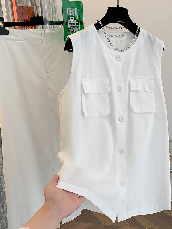 

Summer Faion Cotton Linen Svel Top And f-length Skirt Two-piece Set Women's round Ne Button Sle Ensemble