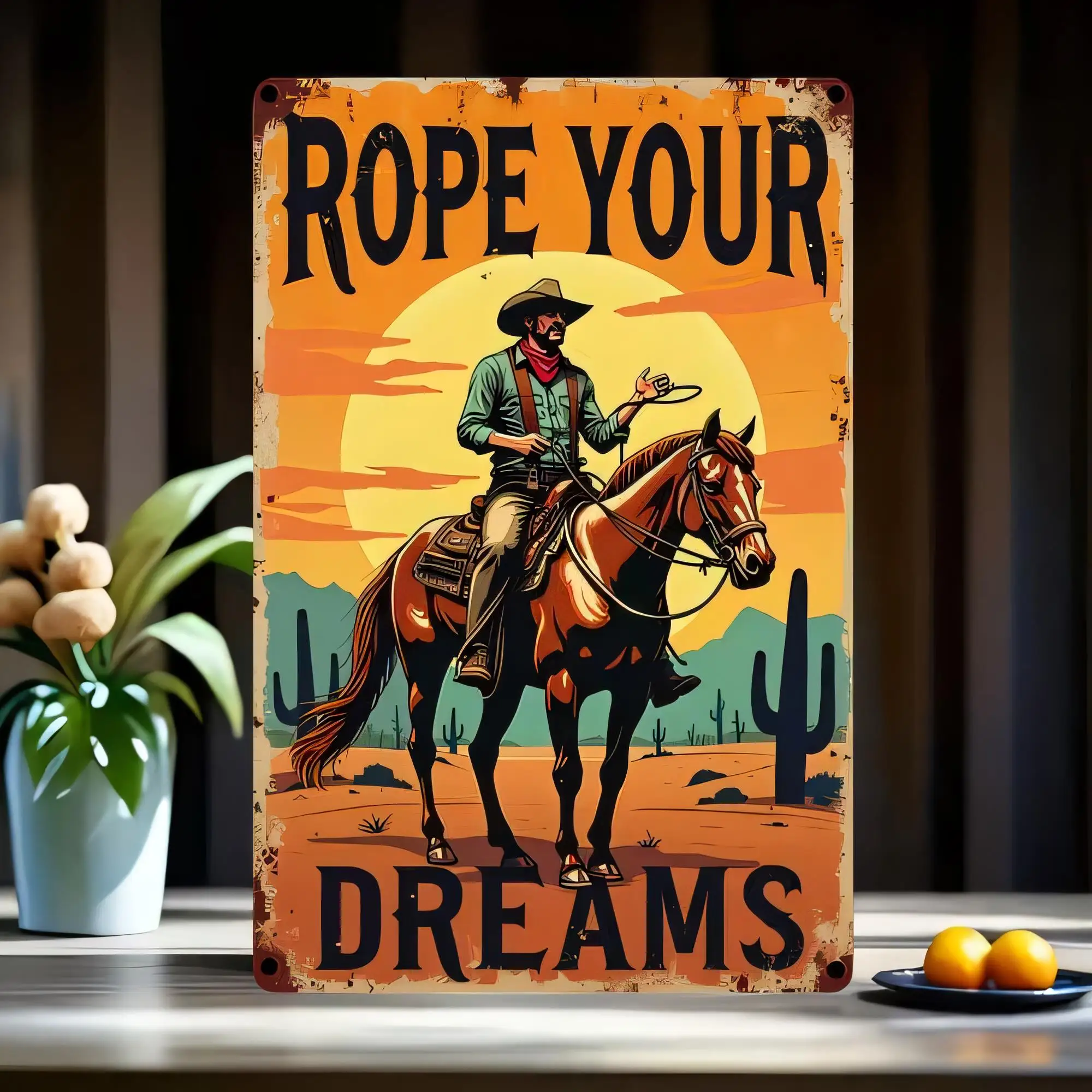 Tin Sign “Rope Your Dreams” Western Cowboy Riding Horse Vintage Metal Poster Plaque Wall Decor, Rustic Farm Ranch Bar Man Cave A