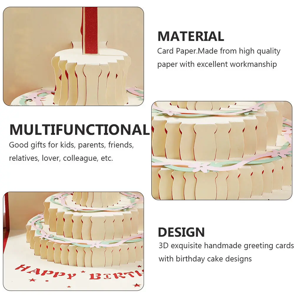 

2Pcs 3D Birthday Cake Greeting Cards Handmade Paper Craft Pop-Up Blessing Cards for Friends Relatives Stylish Decoration
