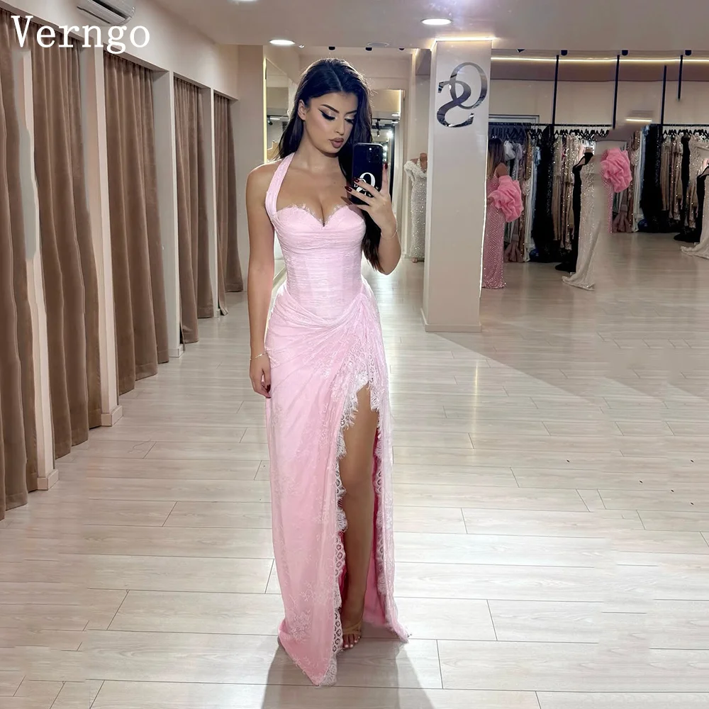 

Verngo Pink Lace Evening Dress Halter Mermaid Side Slit Formal Occasion Dress Elegant Saudi Arabia Prom Gowns Customized