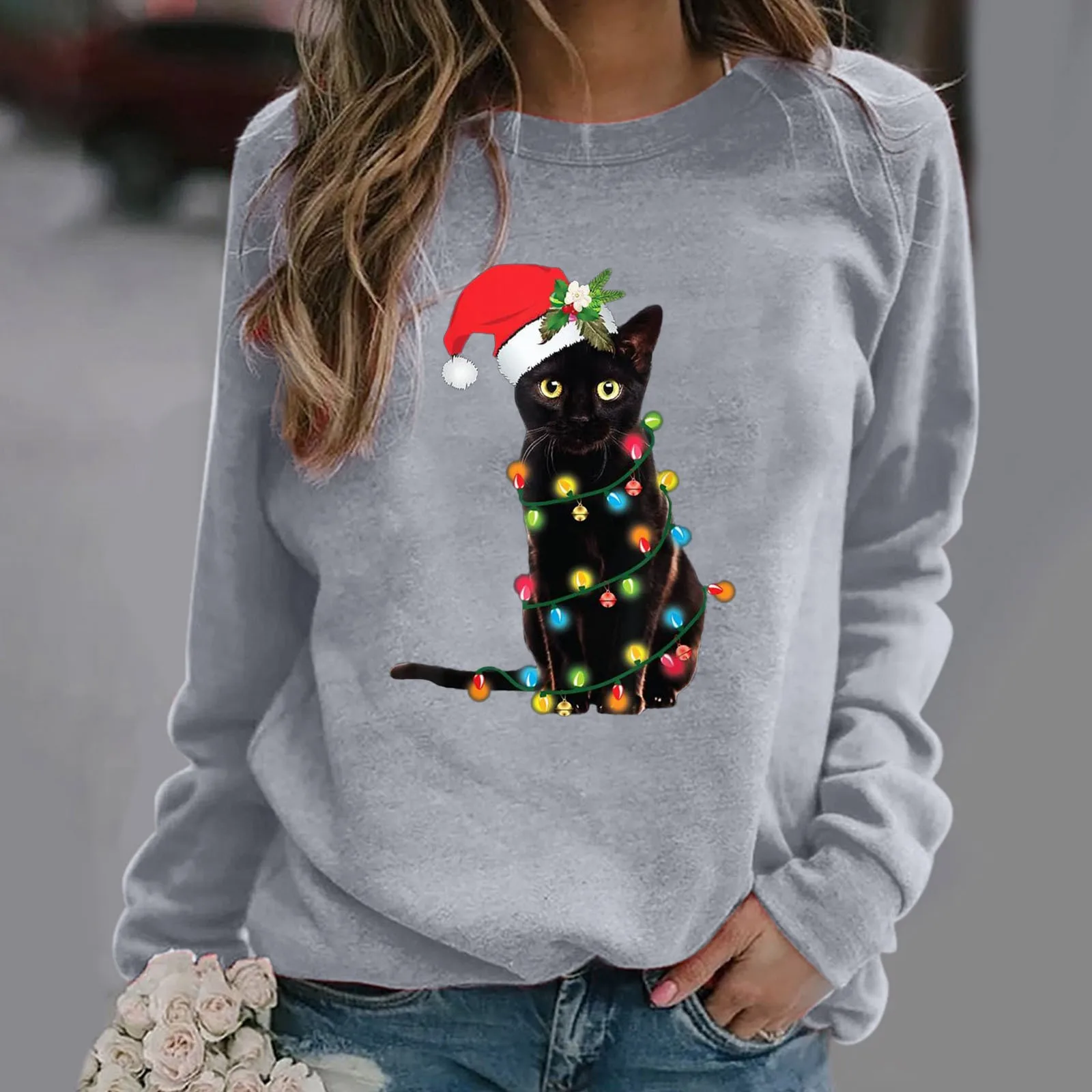 Fall Sweatshirts For Women Round Neck Warm Soft Christmas Cat Light Pattern Print Pullover Vintage Hoodies For Women свитшот