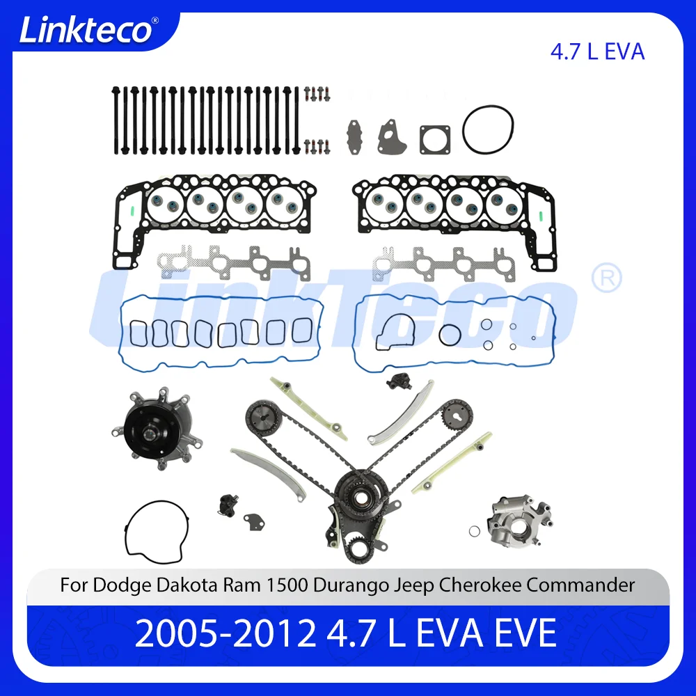 

Полный комплект прокладок двигателя, комплект цепи ГРМ, водяной насос, масляный насос, подходит для EVA 4,7 л V8 для 05-12 JEEP Dodge Chrysler Ram 1500 Durango 4,7 л