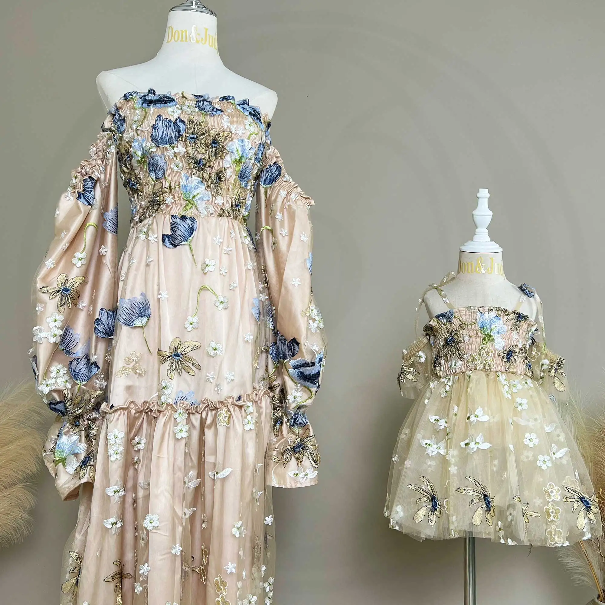 Don&Judy Mesh Flower Embroidery Strapless Dress Mother and Daughter Photo Maternity Photoshoot for Wedding Birthday Party