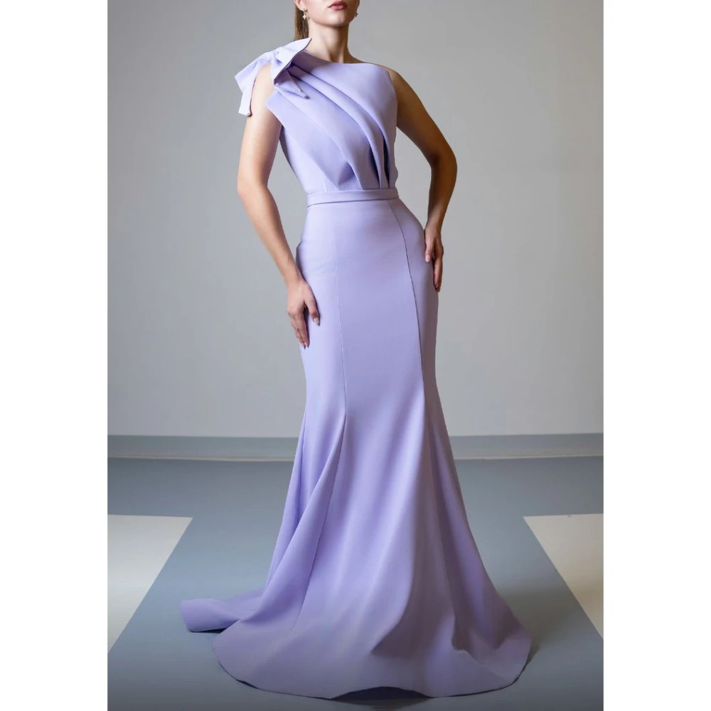 

Elegant Light Purple One Shoulder Mermaid Dress Classic Slim Pleat Floor Length Train Formal Party Gowns