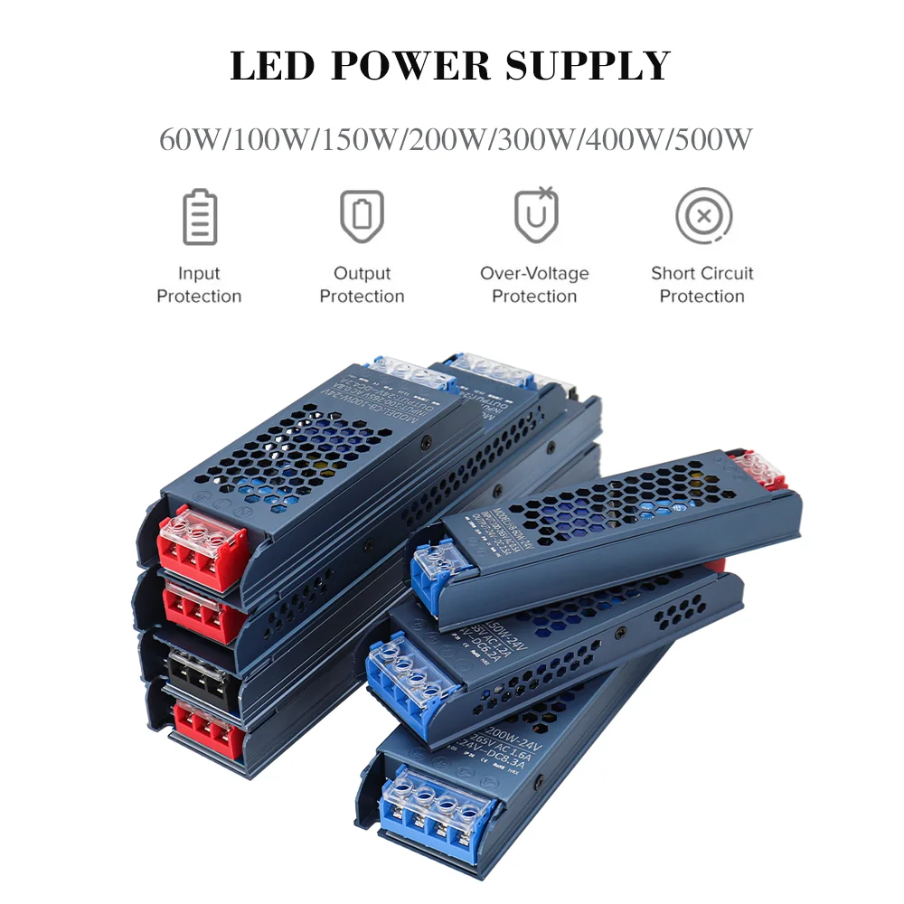 Ultra-Thin DC 12V 24V Power Supply AC 110-240V Transformer Converter 60W 100W 150W 200W 300W 400W 500W  Driver For LED Strips