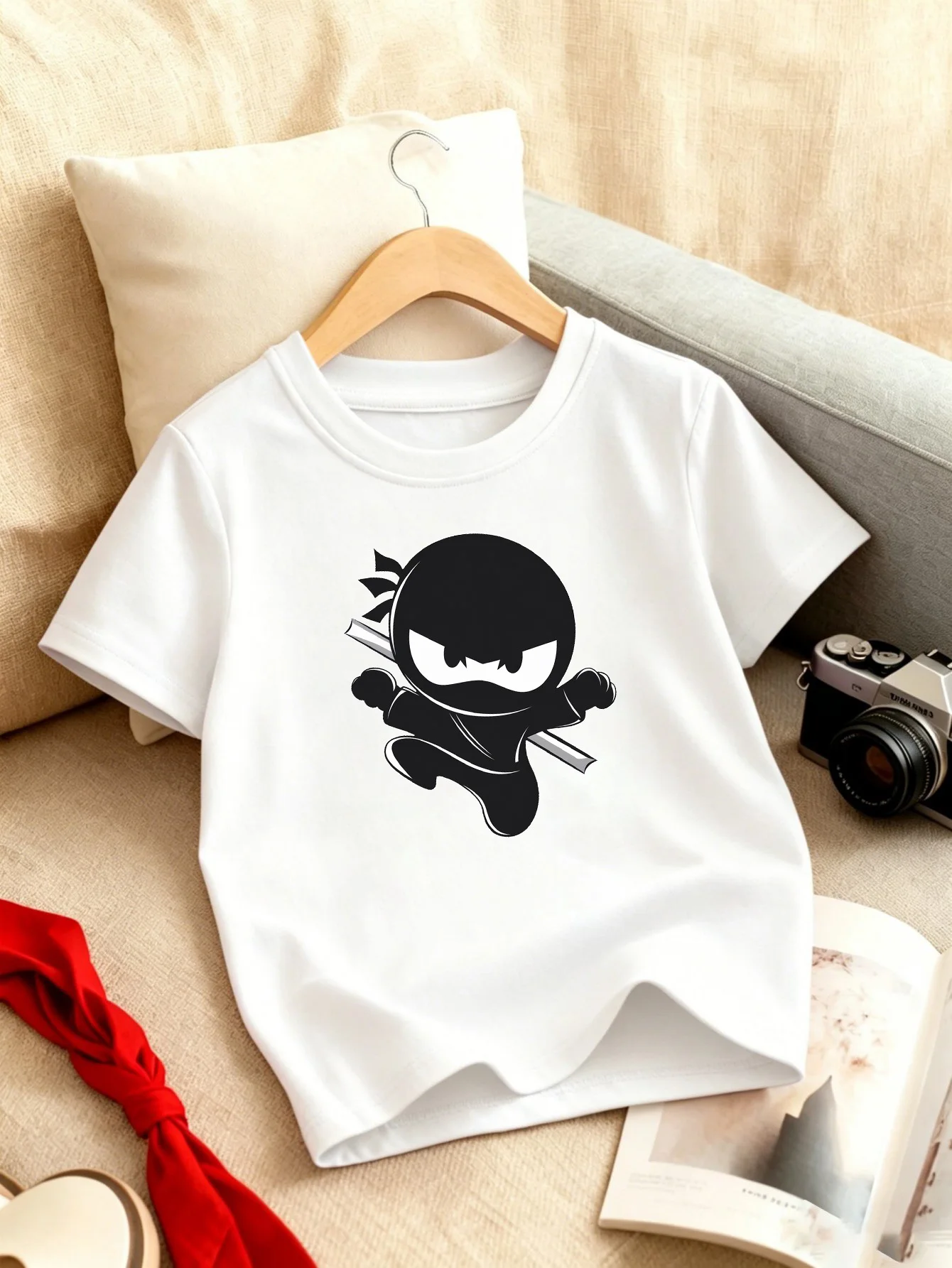 Cute Cartoon Little Ninja With Sword Print Kids T Shirt Boy Girl Short Sleeve Crew Neck Cotton Warrior Parent Child Matching Tee