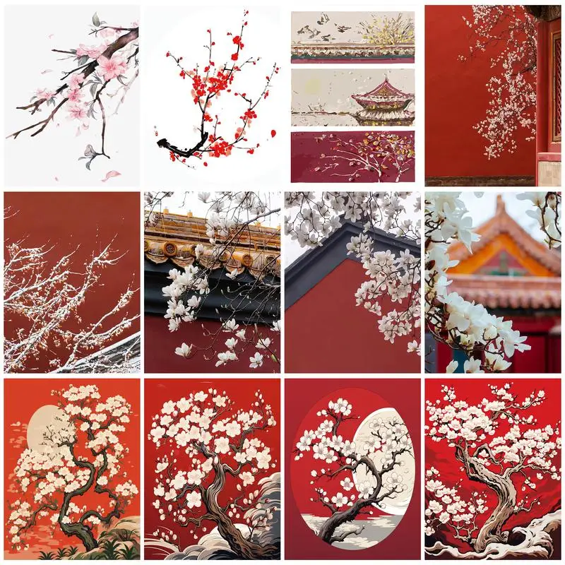 

RUOPOTY Diy Painting By Numbers Red Wall Plum Blossom Classic Handicraft On Canvas Paint Kit Paintings Wall Decor