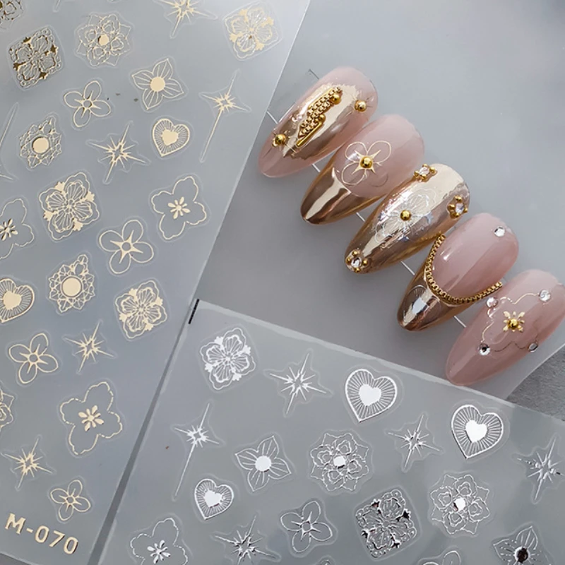 Gold Silver Nail Art Decorations Stickers Love Heart Star Totems Design 3D Self Adhesive Manicure Decals Wholesale Dropshipping