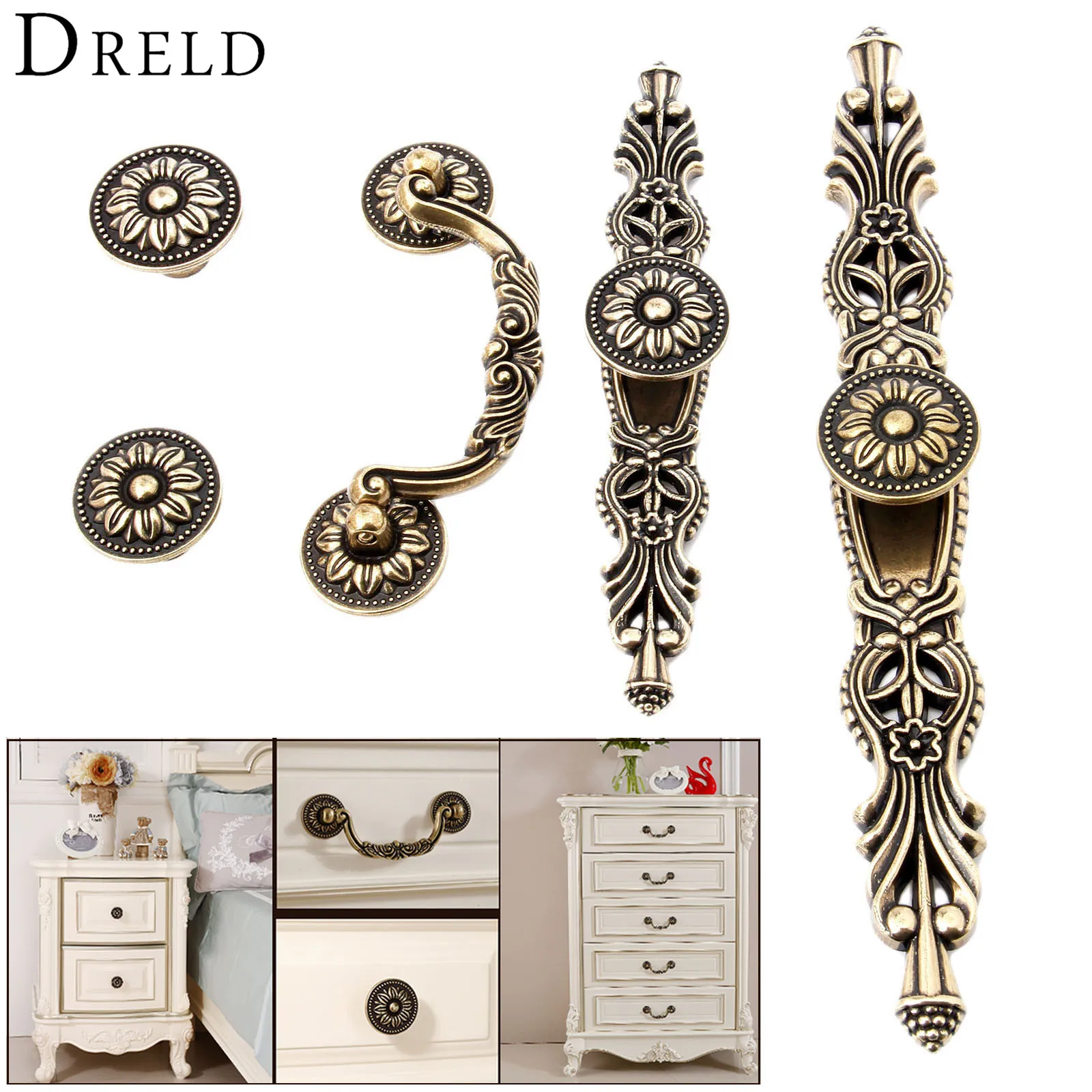DRELD Antique Furniture Handle Vintage Cabinet Knobs and Handles Wardrobe Cupboard Drawer Kitchen Pull Knob Furniture Hareware