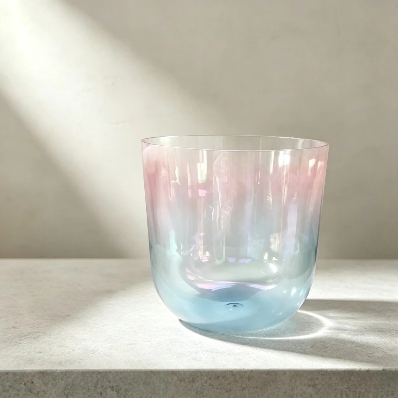 8 Inch Gradient Color Singing Bowl Transparent Ultra Low Frequency A Tone Singing Bowl Meditation Quartz Bowls Music Percussion
