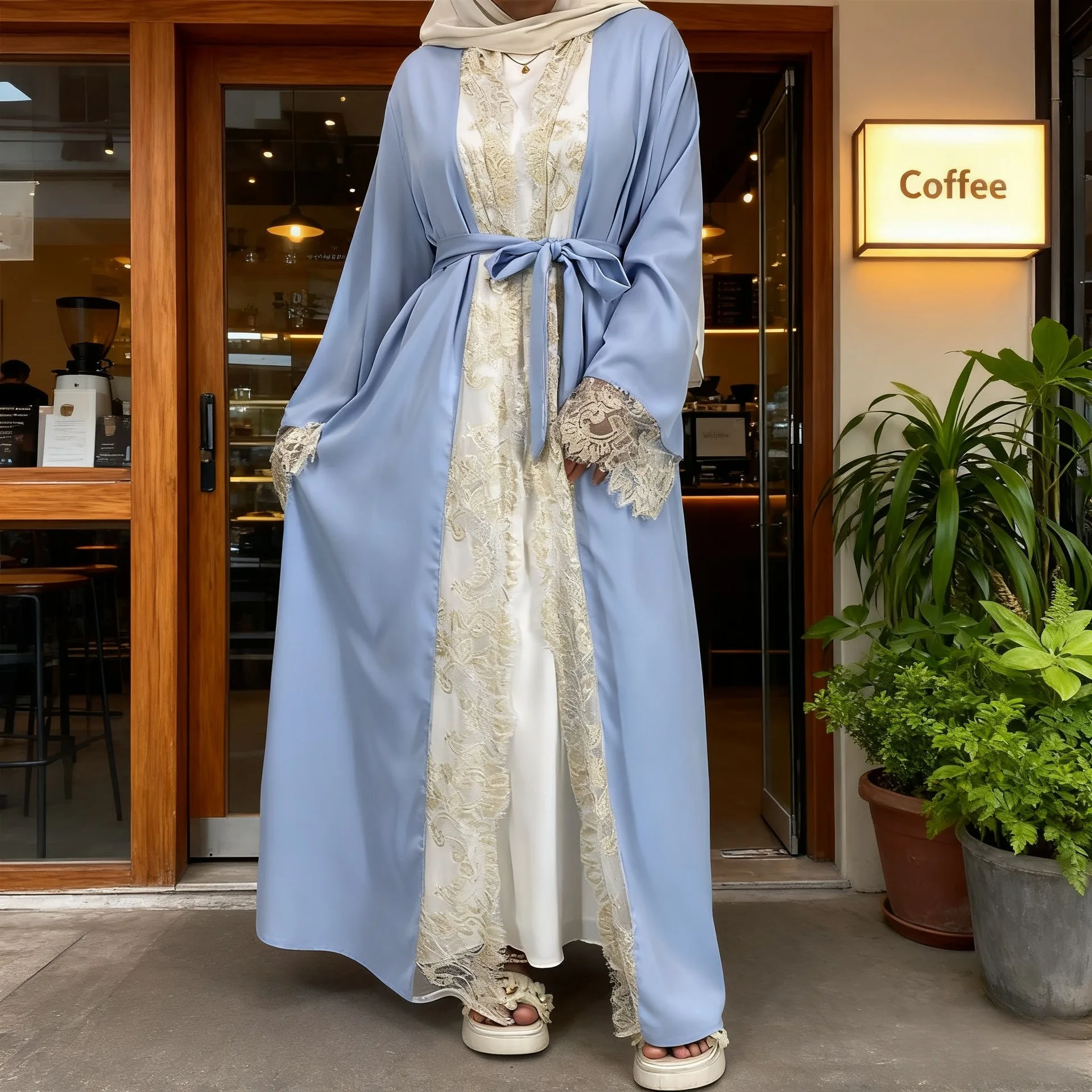 

Middle Eastern fashion Muslim slim fit long sleeved cardigan with lace stitching, gorgeous display, abaya (with headscarf)