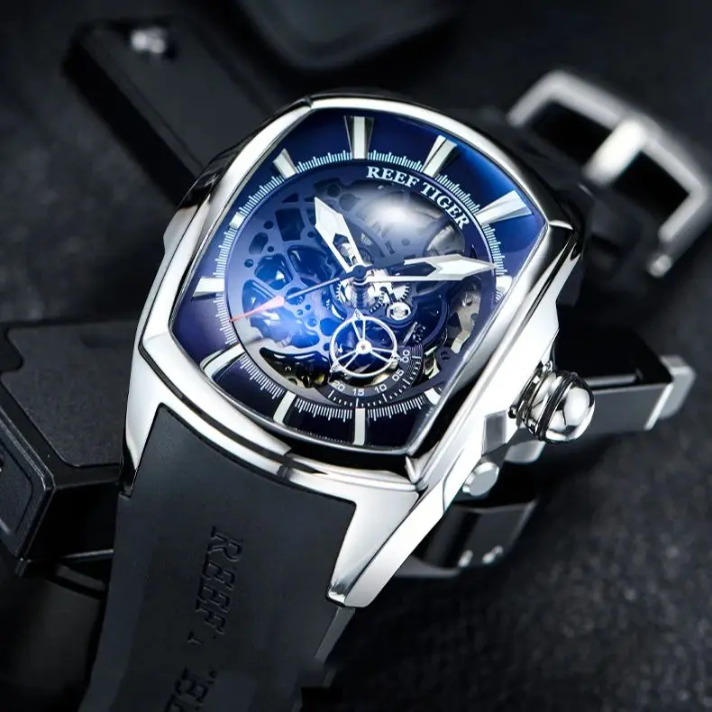 Reef Tiger Men Automatic Watch 48.6mm Tonneau Mechanical Wristwatch Luminous Skeleton Dial Bubble Mirror Small Second Dial