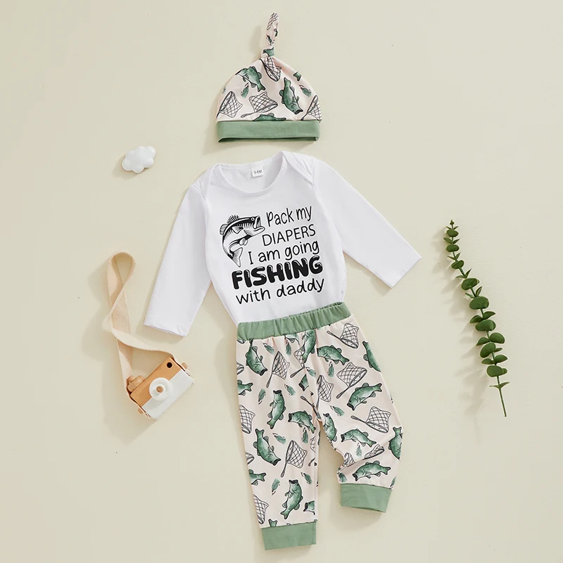 Newborn Baby Boy Girl Fall Clothes Long Sleeve Fishing With Daddy Romper Fish Print Pants Hat 3Pcs Coming Home Outfits