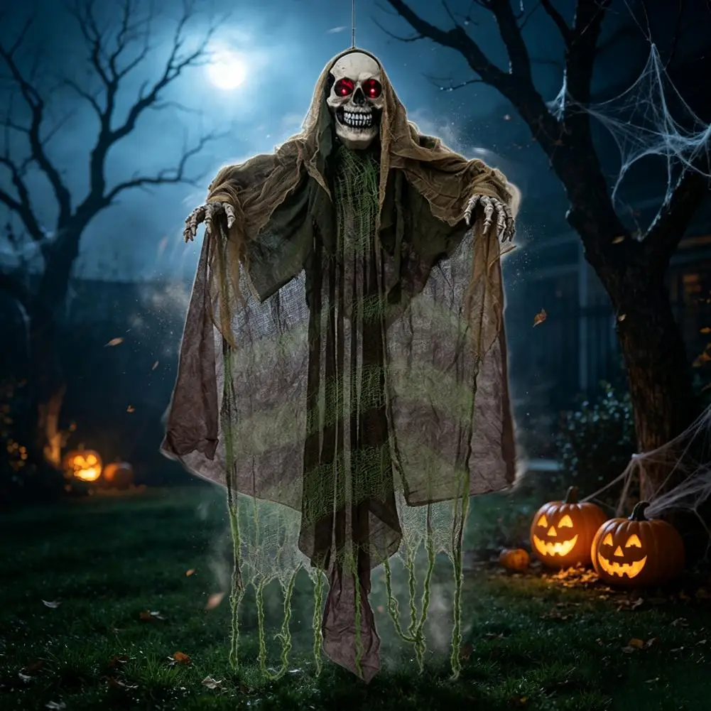 Halloween Hanging Ghost Decorations Skull Props Halloween Animatronics Hanging Ghost Decoration with Led Glowing Eyes Sound