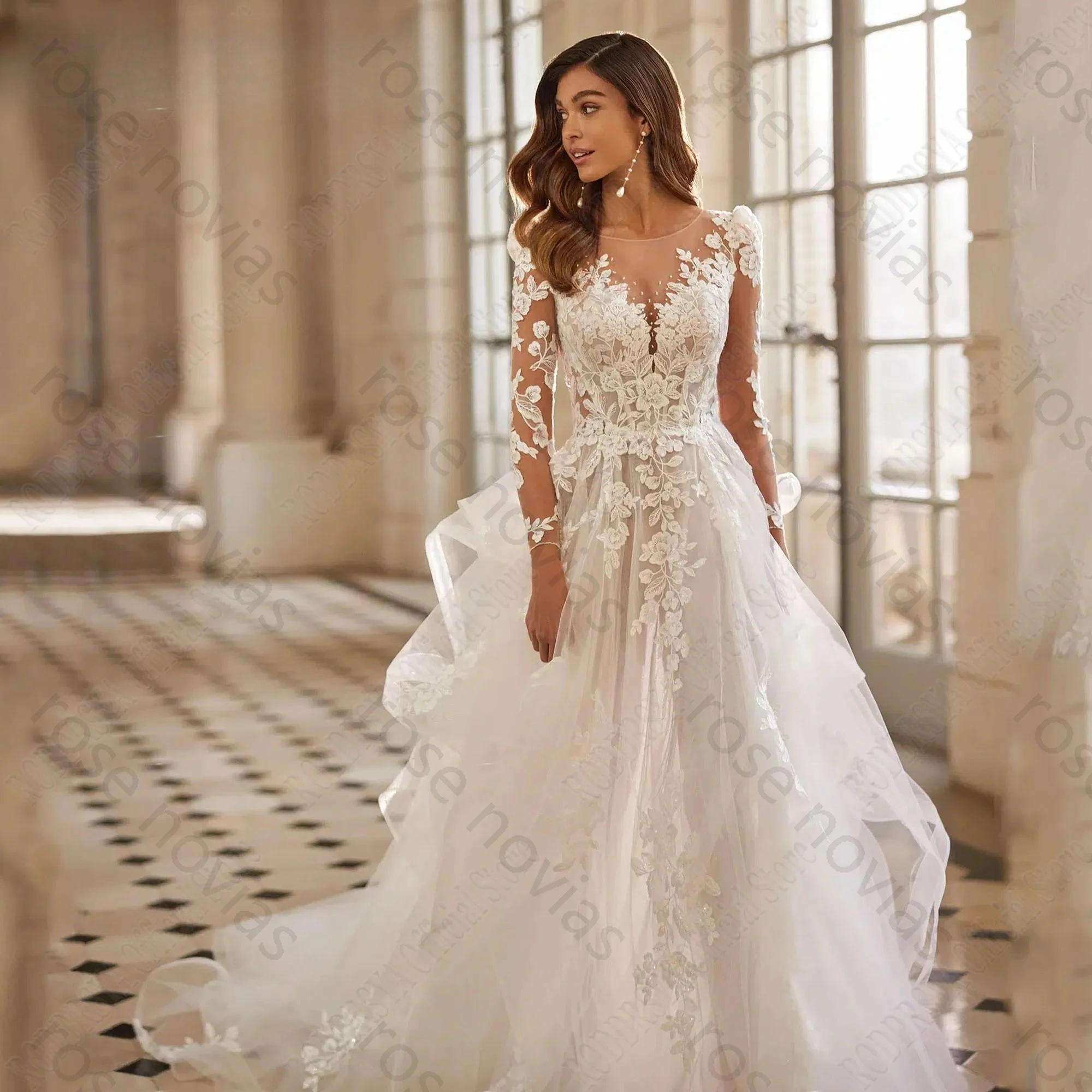 High Quality Charming A-line Wedding Dress Long Sleeve Tiered Tulle Bride Gowns Applique Lace Scoop vestidos de novia Customized