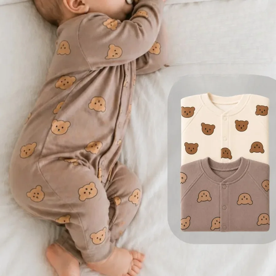 Newborn Baby Rompers Clothes Autumn Korean Long Sleeved Jumpsuit Crawling Clothes for Boys Girls Baby Bear Print Cotton