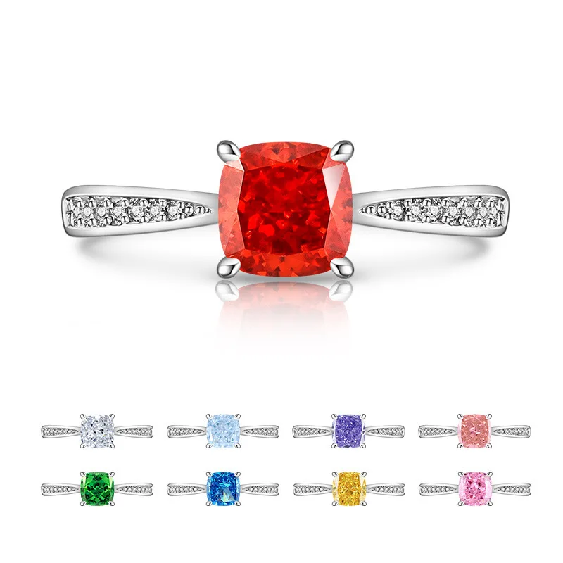 925 Sterling Silver Exquisite Elegant Small Square Zircon Sparkling Ice Flower Cut Ring Engagement Proposal Ladies Jewelry