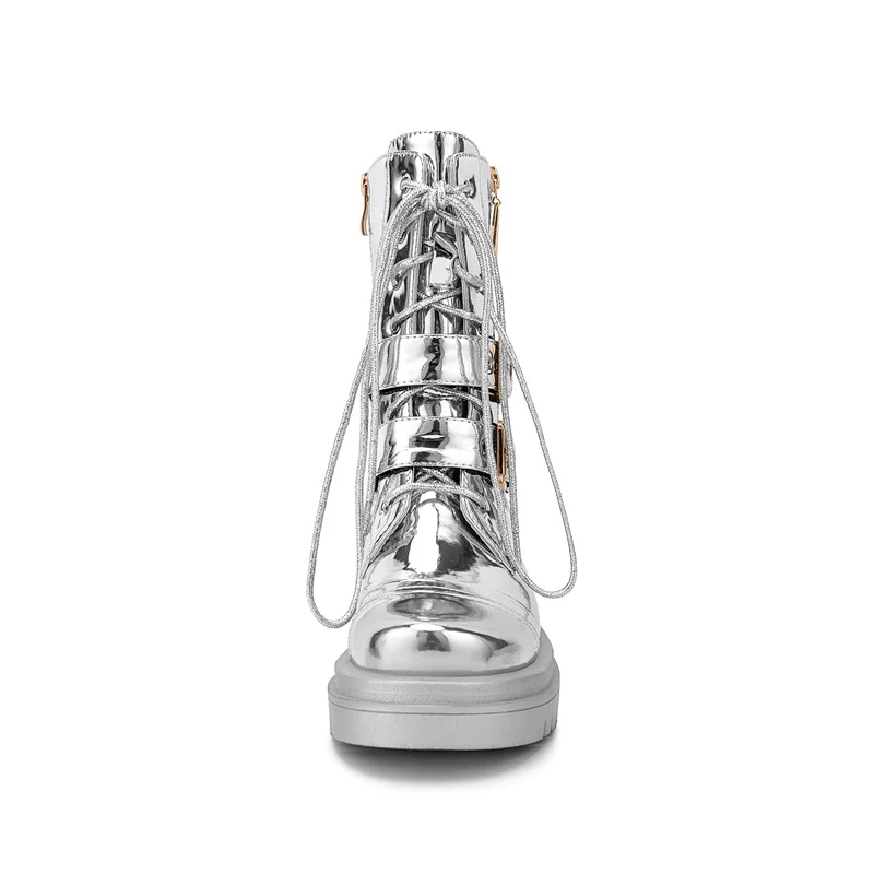 2026 Silver Belt Buckle Cross Strap Rhinestone Short Boots Casual Motorcycle Thick Sole Knight Boot Women Winter Silver Shoes