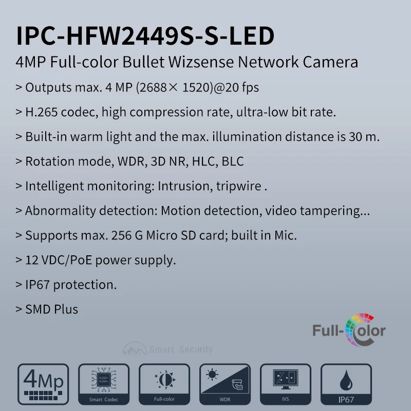 Imagem -02 - Dahua-câmera de Cctv com Microfone Integrado 4mp Rede Colorida Bala 2k Segurança de Metal Externo Detecção de Movimento Poe Ipc Hfw2449s-led