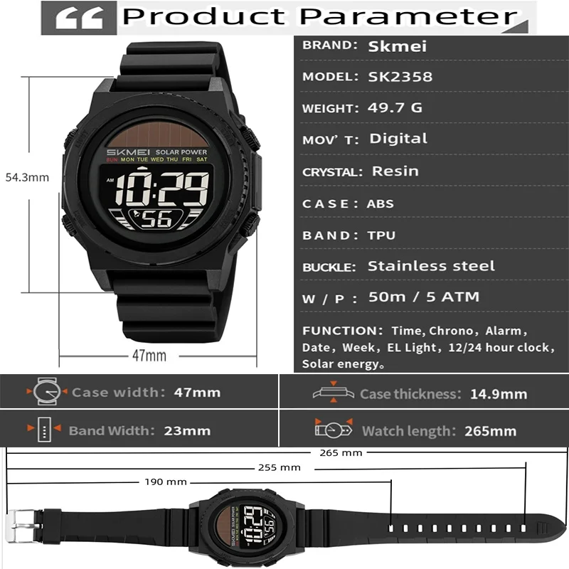 Skmei Solar Energy Digital Watches forMens LED Waterproof Swimming Chronograph TPU Strap Date Week Military Sports Wristwatch view 3