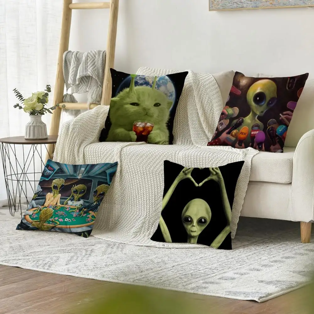 Interesting Aliens Cushion Cover Organic Linen Pillow Case Double-Sided Print Cushion Cover for Sofa Home Decor Gift