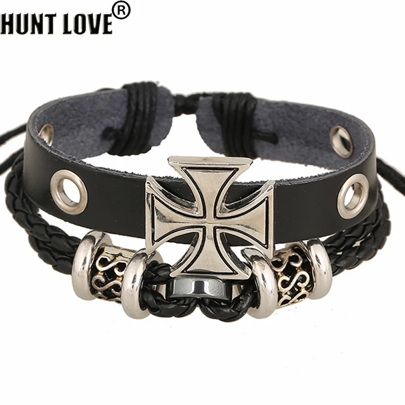 1pcs Punk Cross Leather Rope Bracelets Gothic Rock Women Man Couple Beaded Charms Bracelet Bangle For Party Steampunk Jewelry