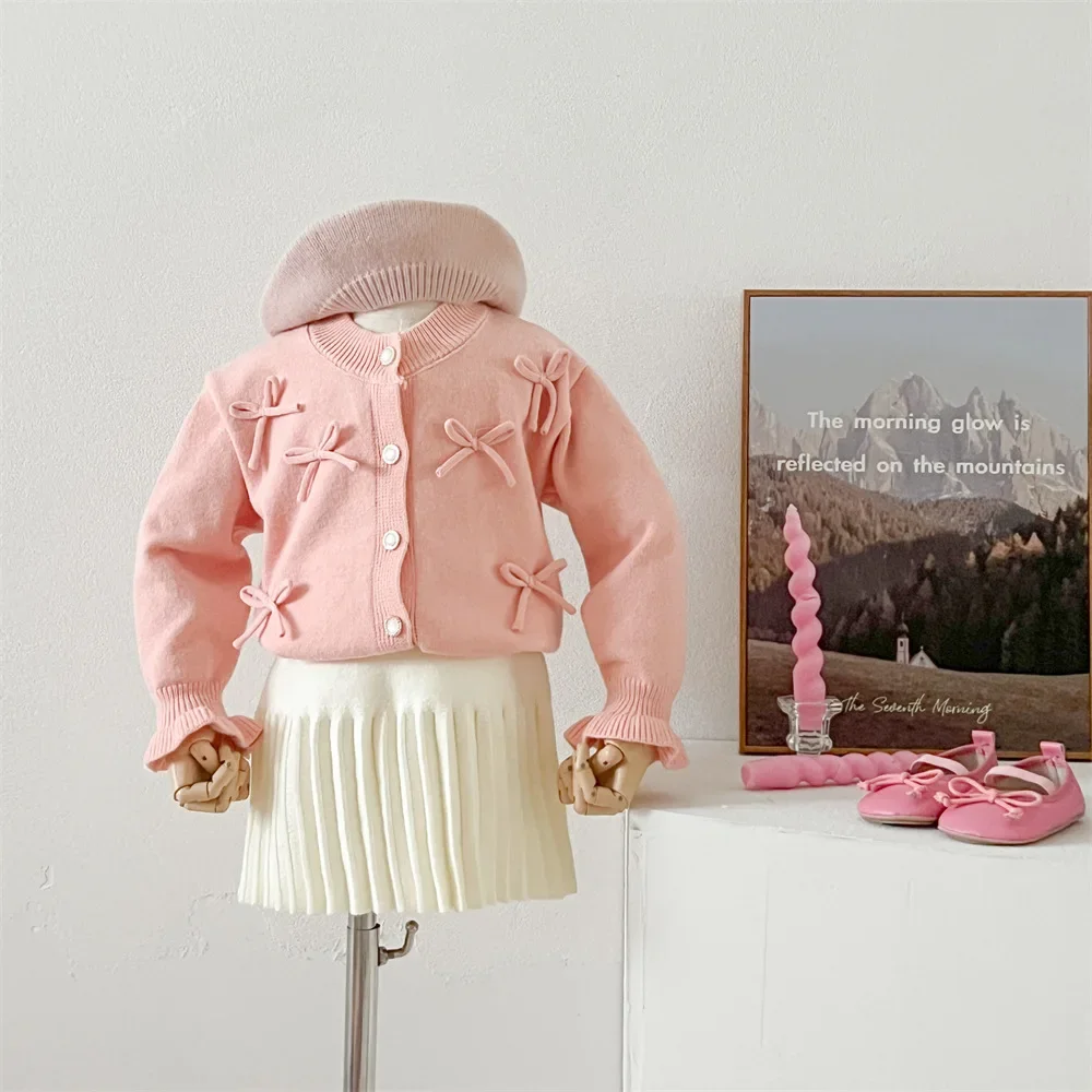 Girls Sets 2024 Autumn and Winter New Girls Bow Knitted Sweater Cardigan Solid Pleated Skirts Baby Girls Stylish Two-piece Set