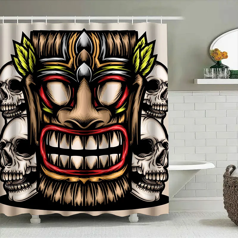 

Tuniu Tiki Mask Print Shower Curtain Tribal Polynesian Art Waterproof Bathroom Decor