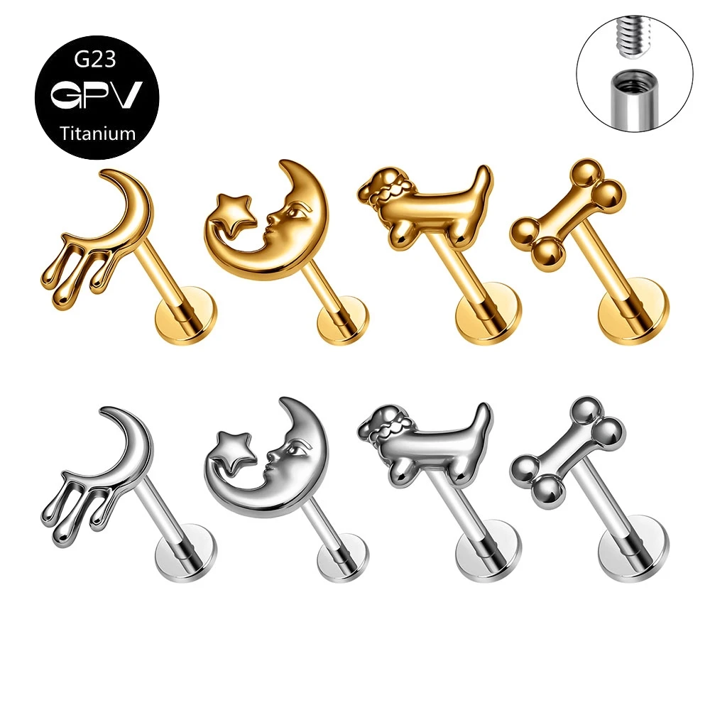 G23 F136 Moon Dog and Bone Ear Studs 18K Internal Thread Pierced Jewelry for Men and Women Personalized Lip Piercing
