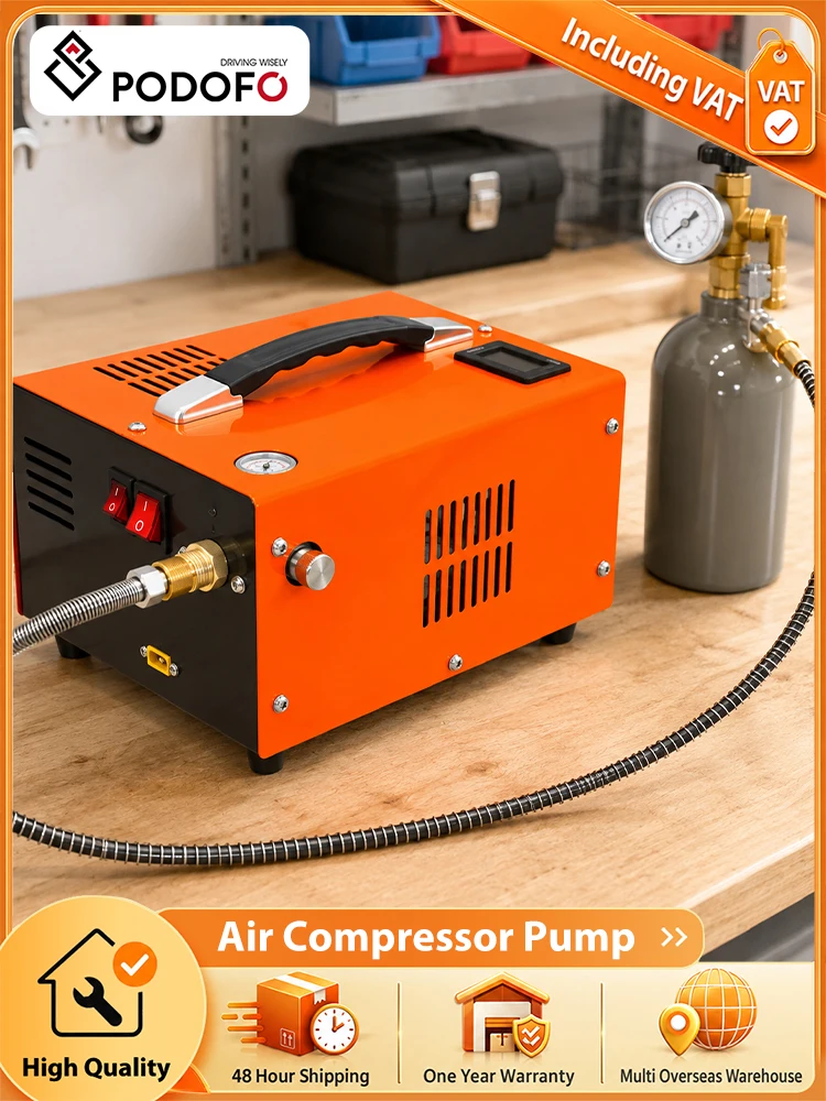Podofo 220V PCP Luftkompressor 30Mpa/4500 Psi Tragbarer PCP-Kompressor mit externem Netzteil, eingebautem Lüfter, geeignet für Paintball, Luftgewehre, Tauchflaschen, geeignet für PCP-Luftgewehre,