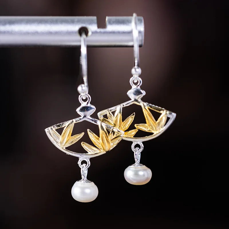 Original Retro Pearl Earrings, Fashionable Individual Bamboo Leaf Fan-shaped Ear Hooks, S925 Silver Jewelry Exquisite Daily Wear