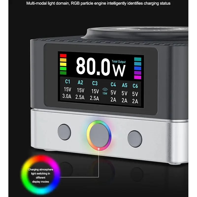 

RELIFE Q7 6-портовое интеллектуальное зарядное устройство мощностью 80 Вт, цветной экран HD большого размера, интеллектуальное распределение энергии для электронных устройств