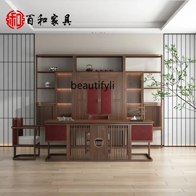 TTT New Chinese solid wood desk and chair combination computer calligraphy manager desk white wax wood ebony