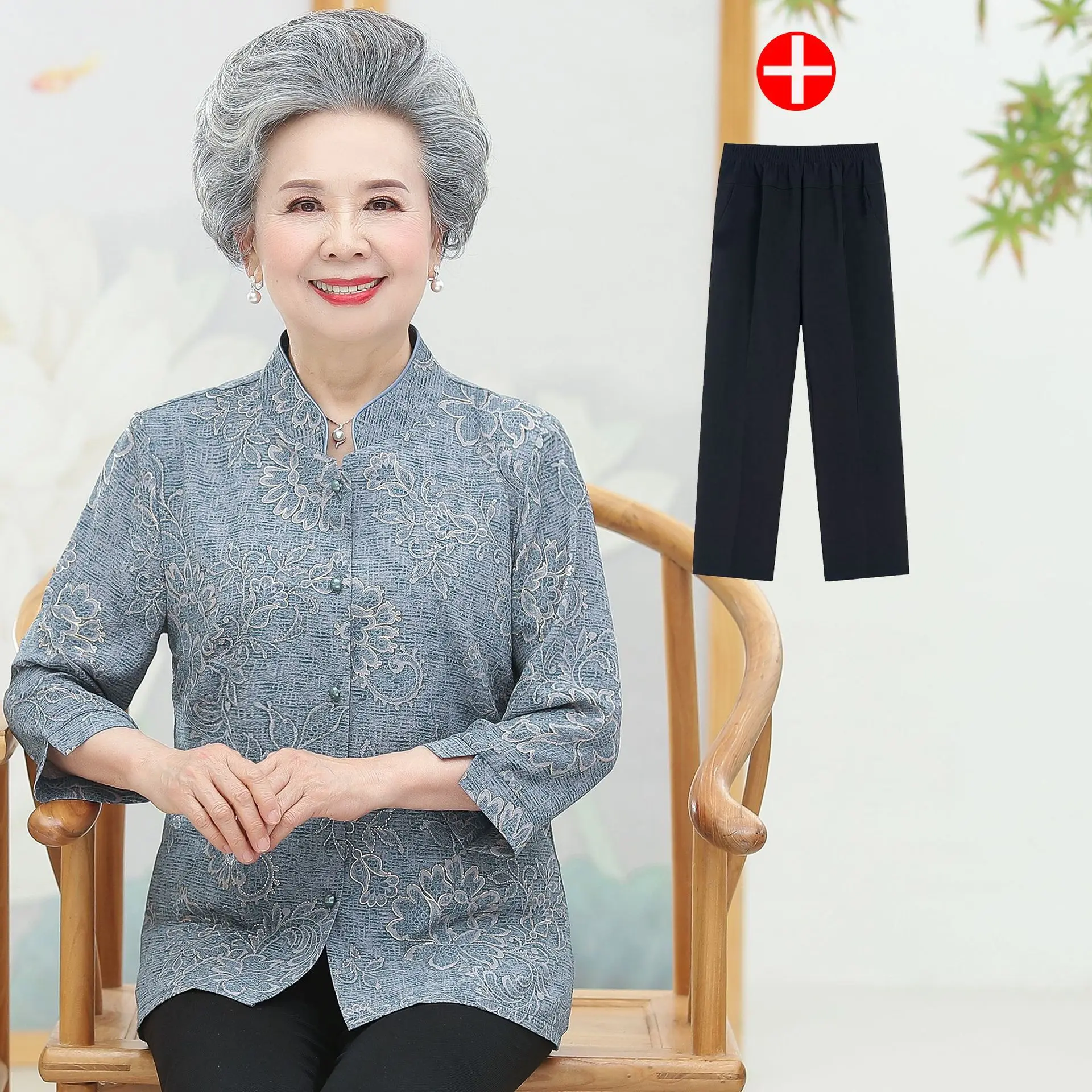 Elderly Grandma Clothes 3/4 Sleeve Spring Summer 60 To 80 Years Old Middle-Aged Mother Two-Piece Set 3/4 Sleeve Womens Outfits