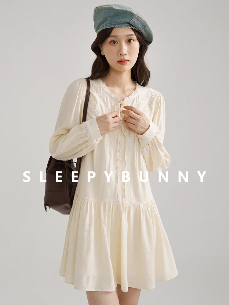 

Elegant French Long Sleeve Dress for Women with Lace Tie Neck, Pleated Waist A-Line Mini Dress for Spring 2025 – Soft Beige