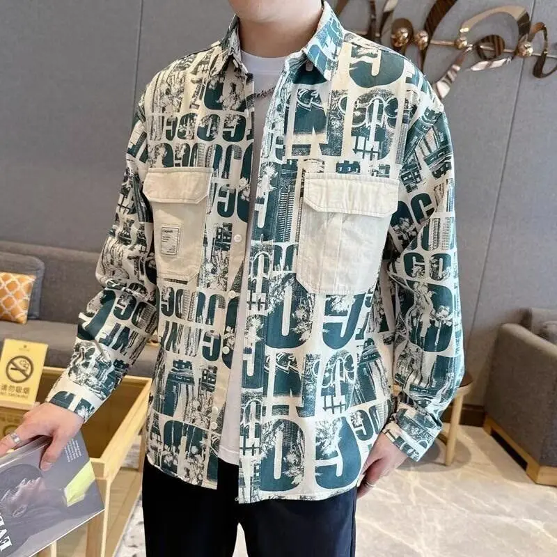 Retro American Dyed Long Sleeve Shirt Men's Spring Autumn Loose Graffiti Print High-End Workwear Collar Jacket Casual Style