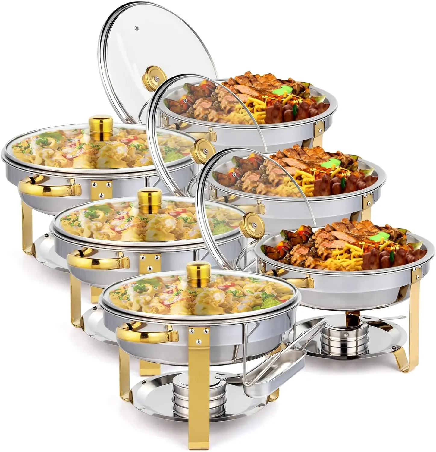 5QT 2-12 Packs Chafing Dish Buffet Set Gold Accent Round NSF Stainless Steel Warmer Glass Lid Holder Catering Event Partie