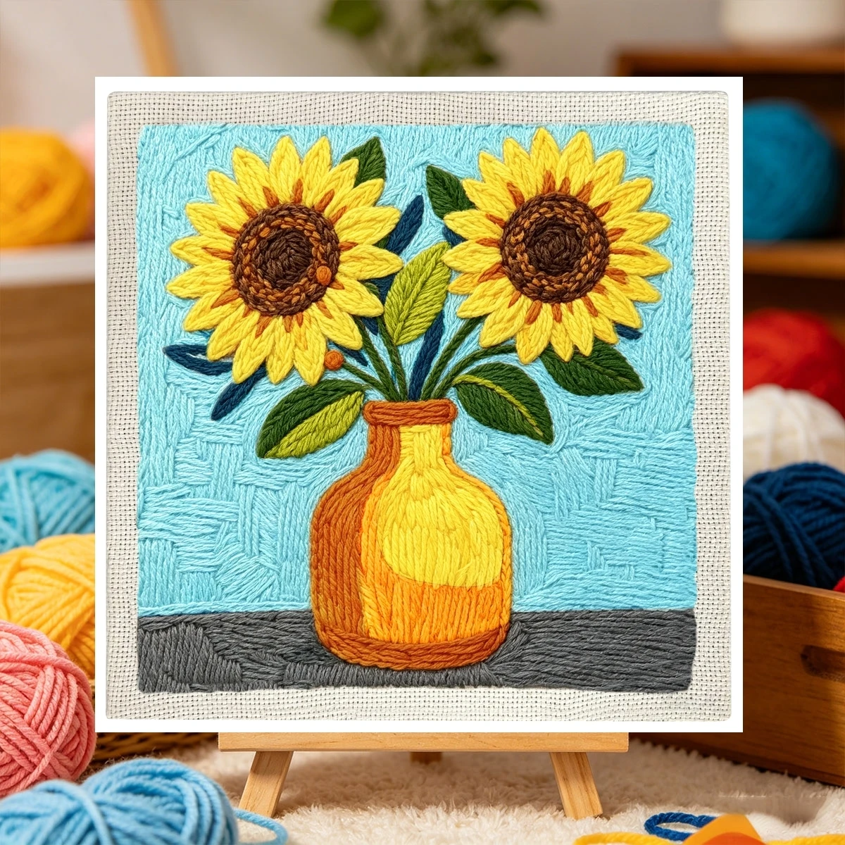 1 Set Sonnenblumen-Vase DIY-Stickerei-Set für Anfänger, Stickerei-Starter-Kit, Kreuzstich-Kunstgeschenk, Nadelarbeiten – Detail 2