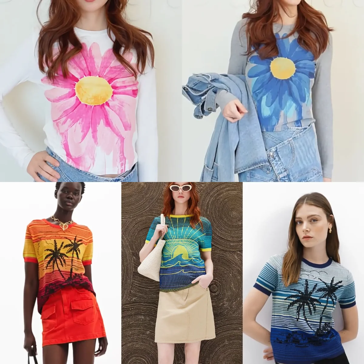 

2025 Foreign Trade Spain Original Light Luxury Knitted Shirt Women's Printed Embroidery Designer Round Neck Elastic Top