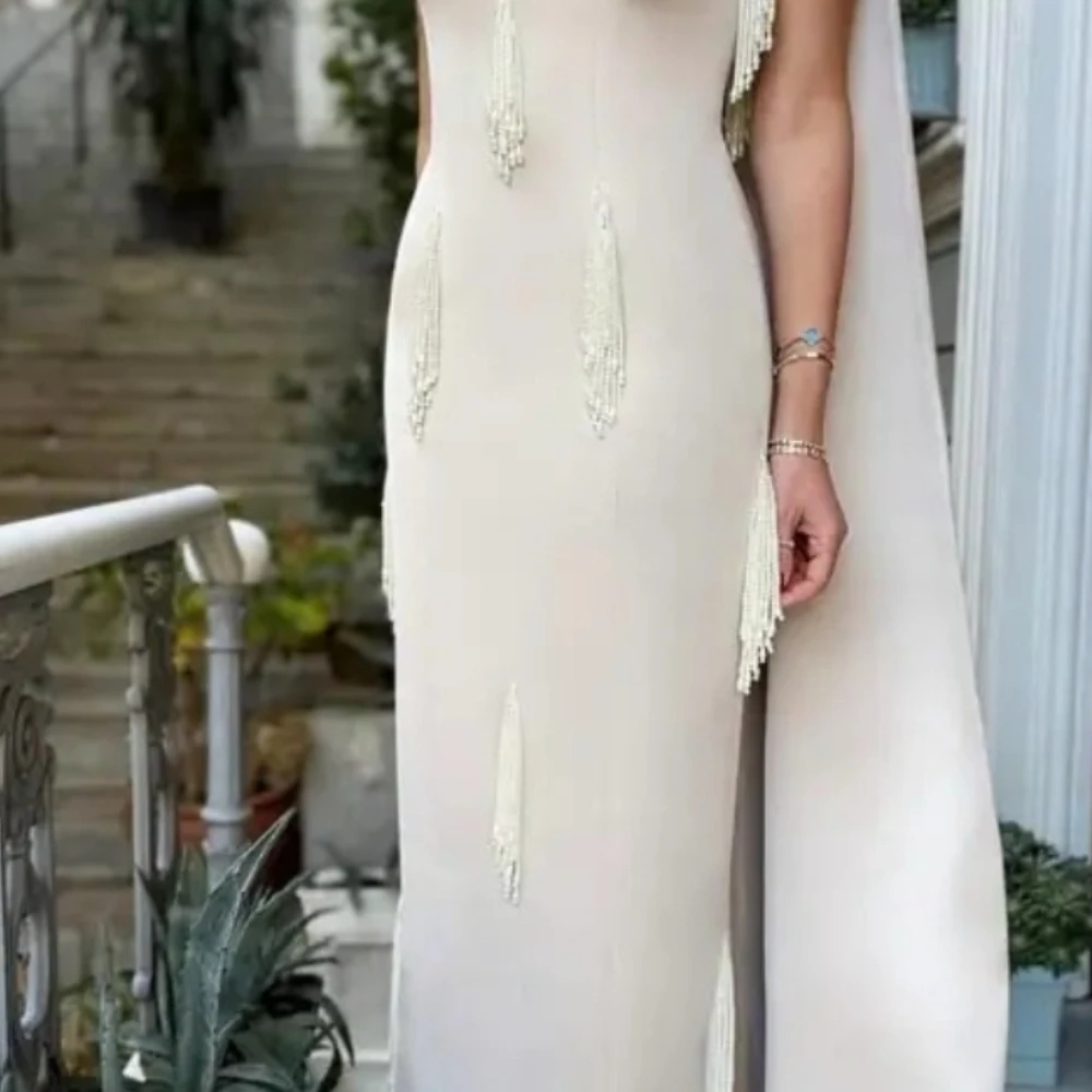 

Women's Strapless Sleeveless Evening Dresses Customized Jersey Straight Floor Length Prom Gowns with Tassel Beads Party Dress