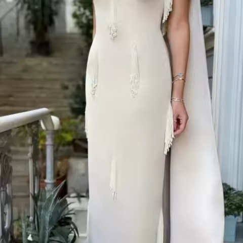 Women's Strapless Sleeveless Evening Dresses Customized Jersey Straight Floor Length Prom Gowns with Tassel Beads Party Dress