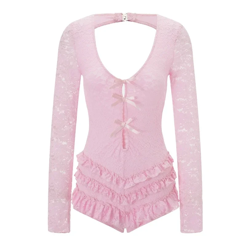 2025 Women Sexy Hollow Out Lace Bodysuit Y2K Long Sleeve Bow Cutout Open Back Ruffle Tiered Mini Dress Party Clubwear