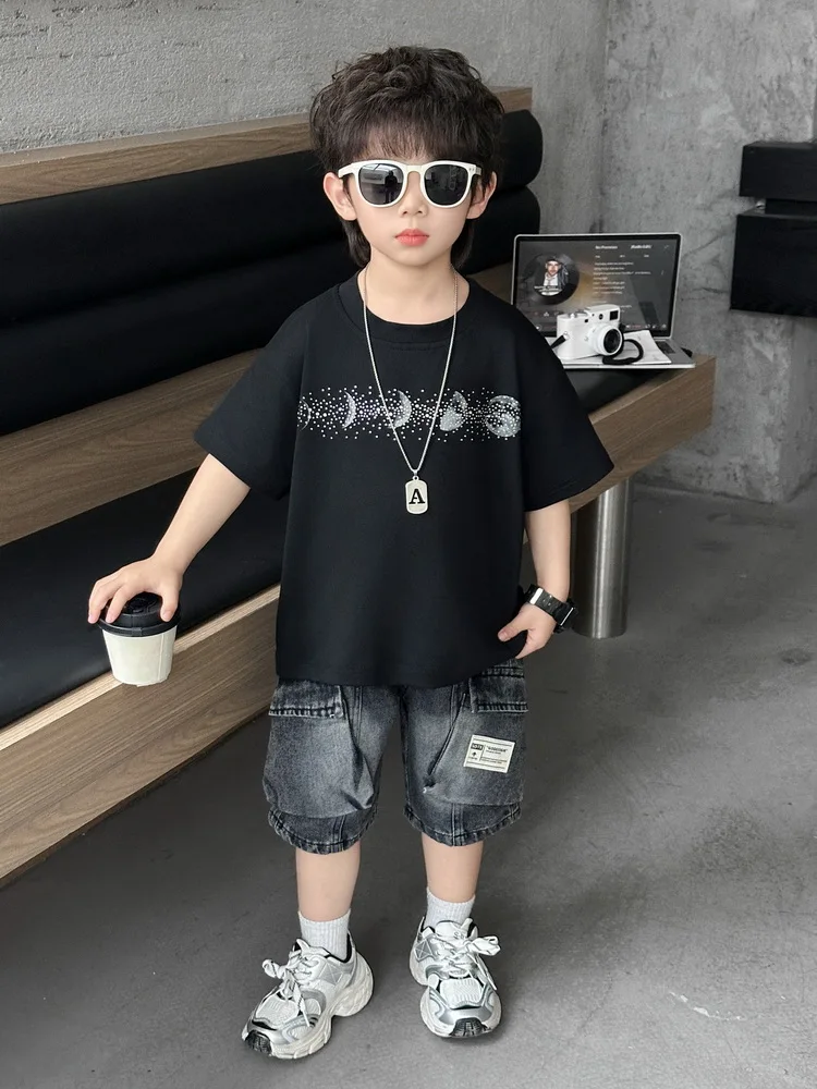 

2-piece Baby Boy Fashion Casual Suit Cotton Breathable Comfort Children DIAMOND T-shirt+Denim Shorts Set 2-12 Year Teen Outfit