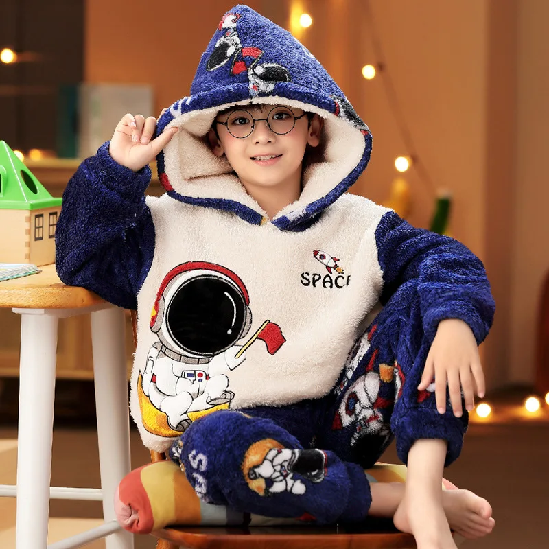 Baby Boy Pajamas Winter Plush Thick Pajama Set Astronaut Kids Sleepwear Nightwear Hooded Girl Pyjamas Pijamas for Kids 3-16Years