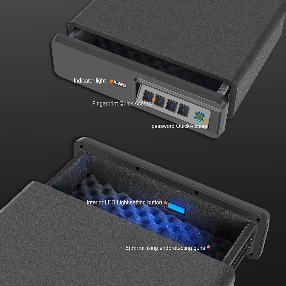 Sejf biometryczny na odciski palców, sejf na broń z wysuwaną szufladą na dwa pistolety, sejf z szufladą do przechowywania do domu i pojazdu (sejf biometryczny)