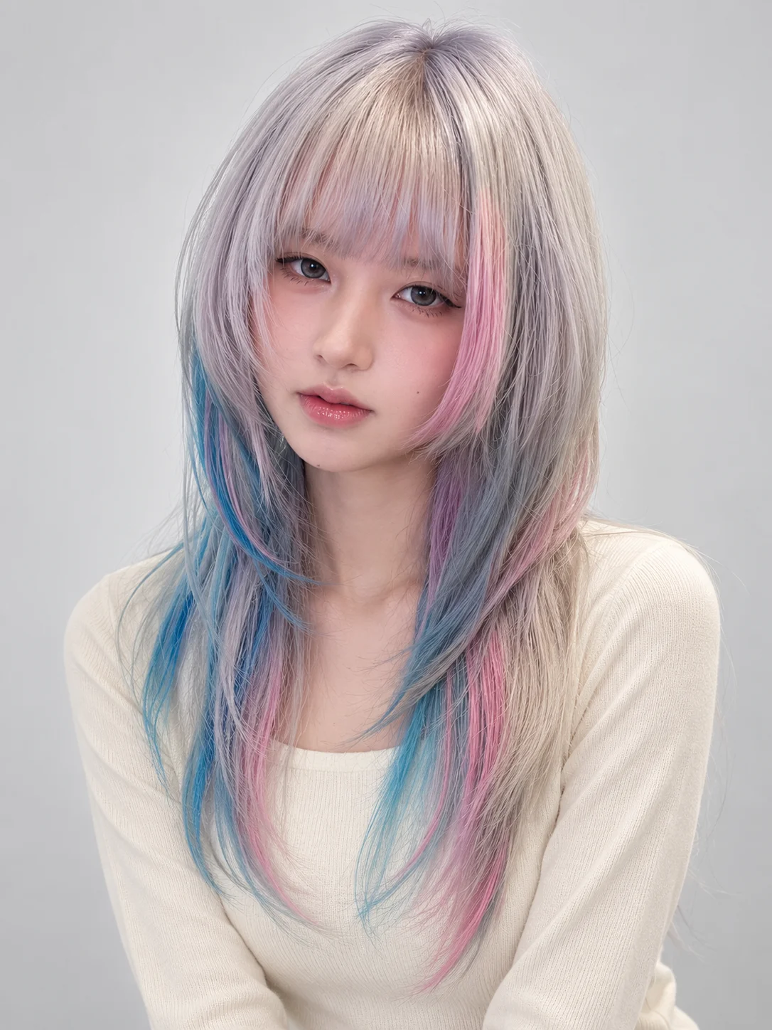 Unicorn Pink Blue Ombre Wig for Women, Y2K Layered Collarbone Length Straight Wig with Bangs, Full Head Wig for Cosplay