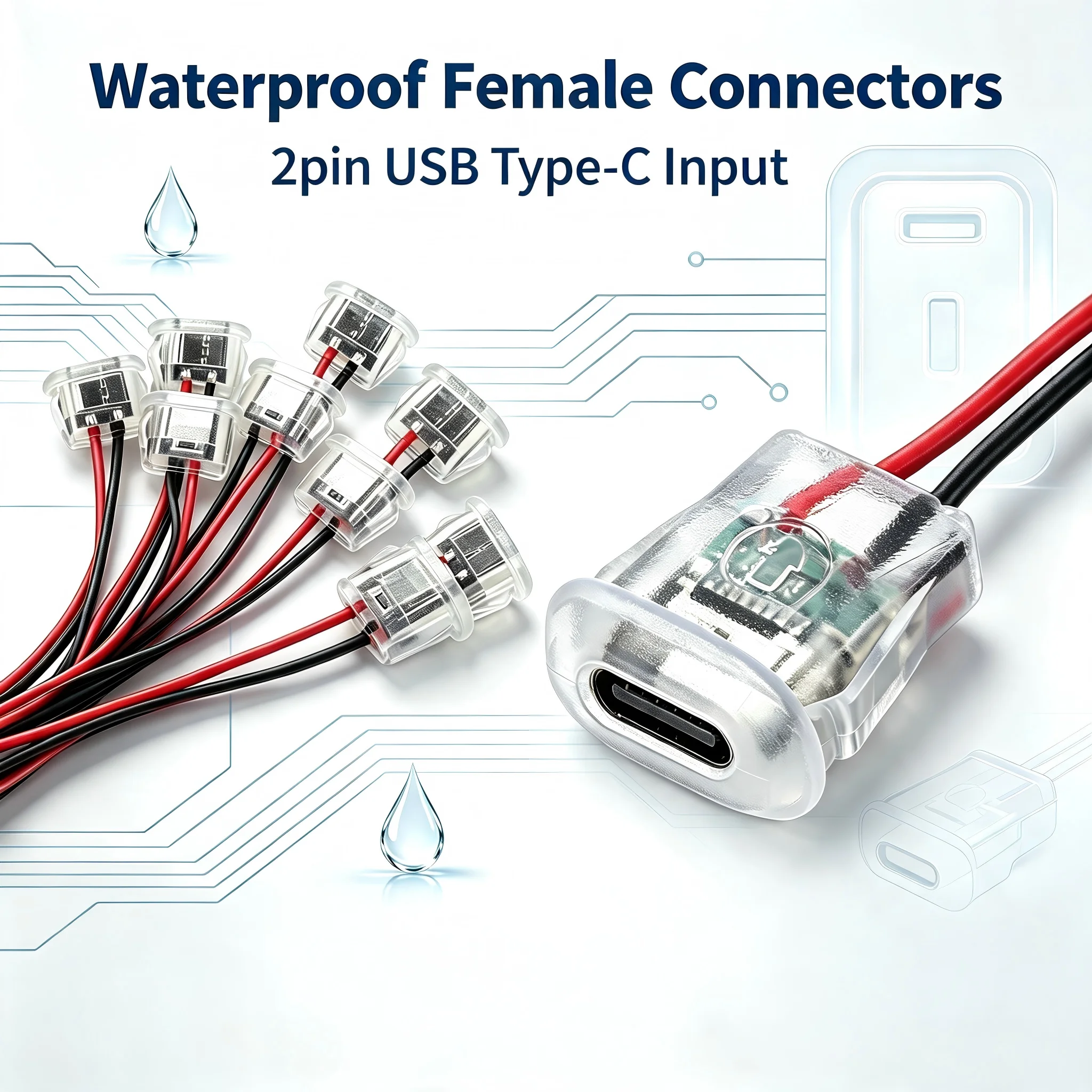 5PCS Female Connectors 2Pin USB Type-C Input TYPE-C Charging Socket Waterproof USB-C Power Port 24AWG Lead Wire With LED Light